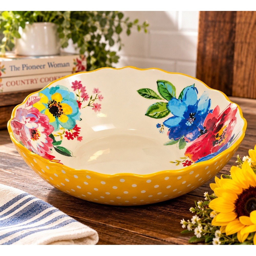 Pioneer Woman Floral Stoneware Serving Bowl 13” Yellow Polka Dot Scalloped